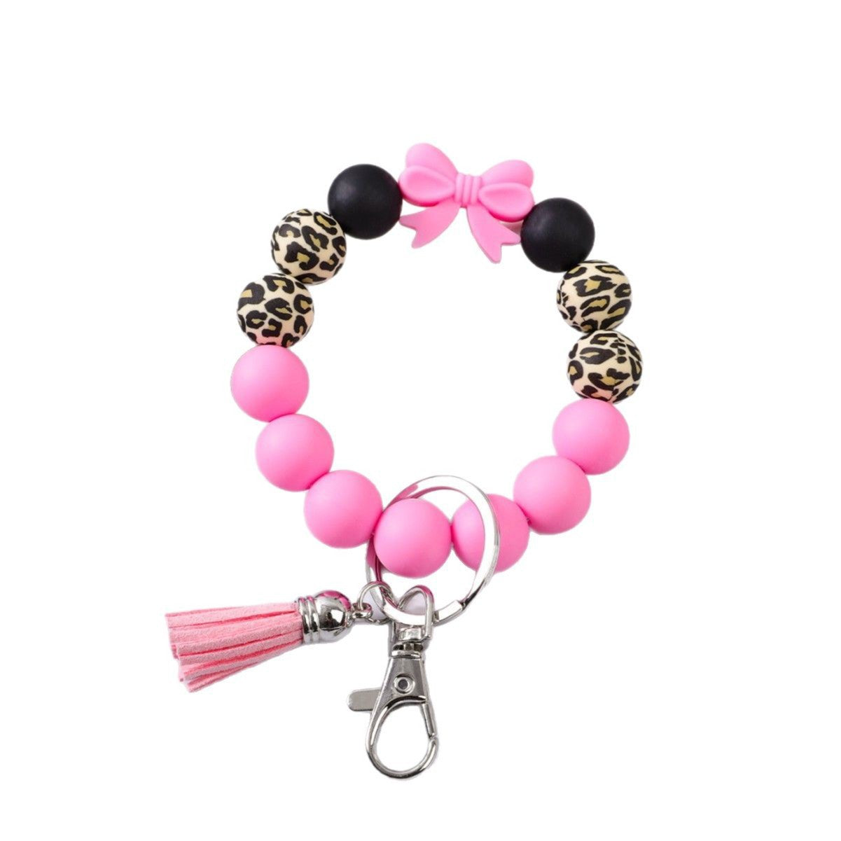 Wholesale Colorful Bow Leopard Print Silicone Beaded Tassel Bracelet Keychain